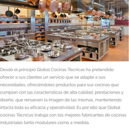 Desde el principio Global Cocinas Técnicas ha pretendido ofrecer a sus clientes un servicio que se adapte a sus necesidades, ofreciéndoles productos para sus cocinas que cumplan con las características de alta calidad, prestaciones y diseño, que renueven la imagen de las mismas, manteniendo intacta toda su eficacia y operatividad. Es por ello que Global cocinas Técnicas trabaja con los mejores fabricantes de cocinas industriales tanto modulares como a medida.